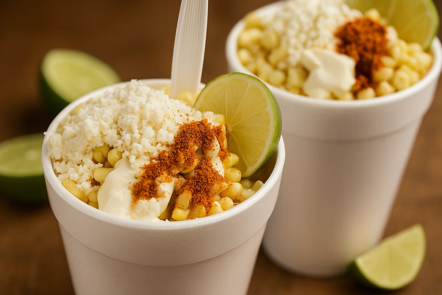 Vaso de esquites con mayonesa, chile y queso cotija