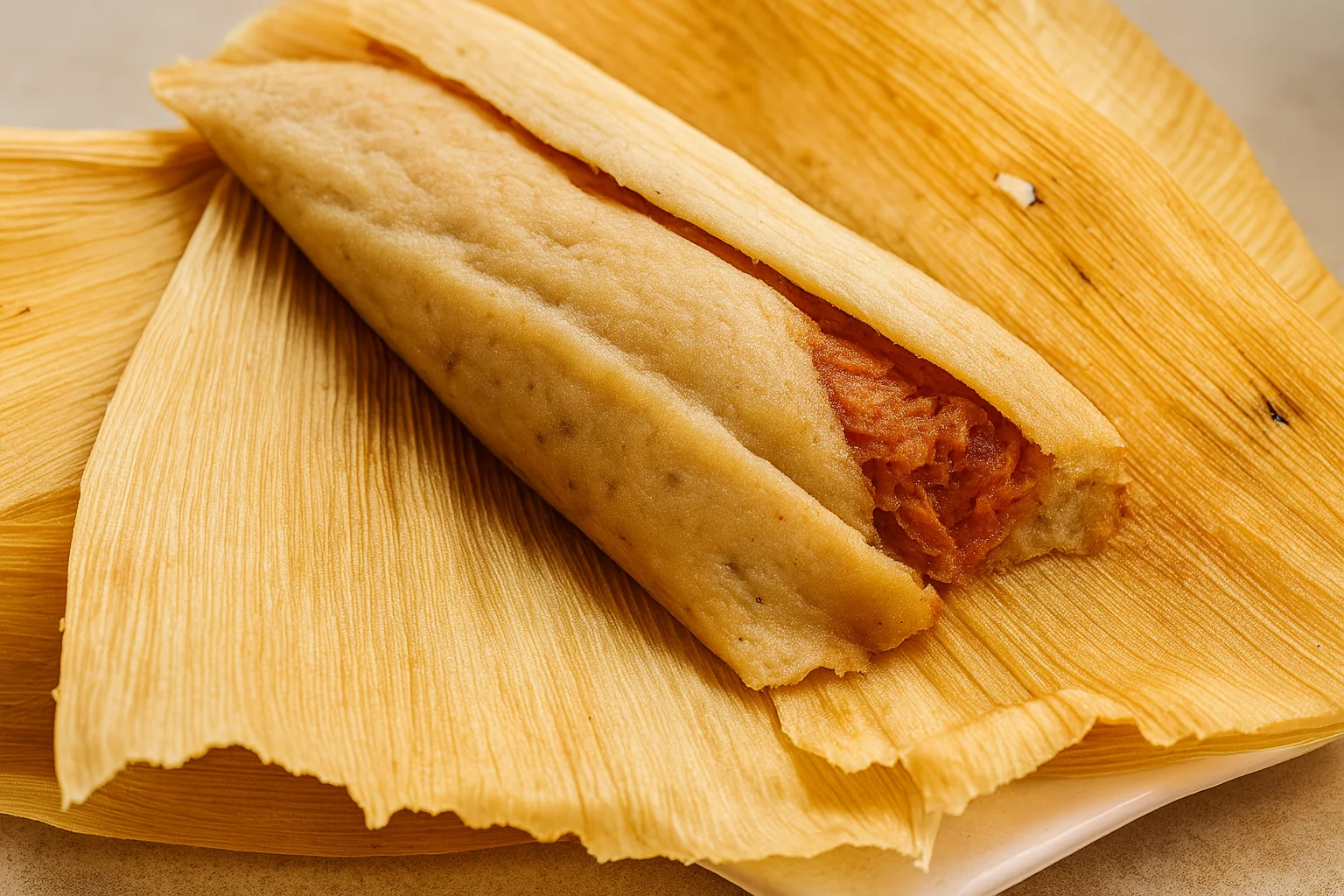 Tamales de pollo con salsa roja servidos en hojas de maíz