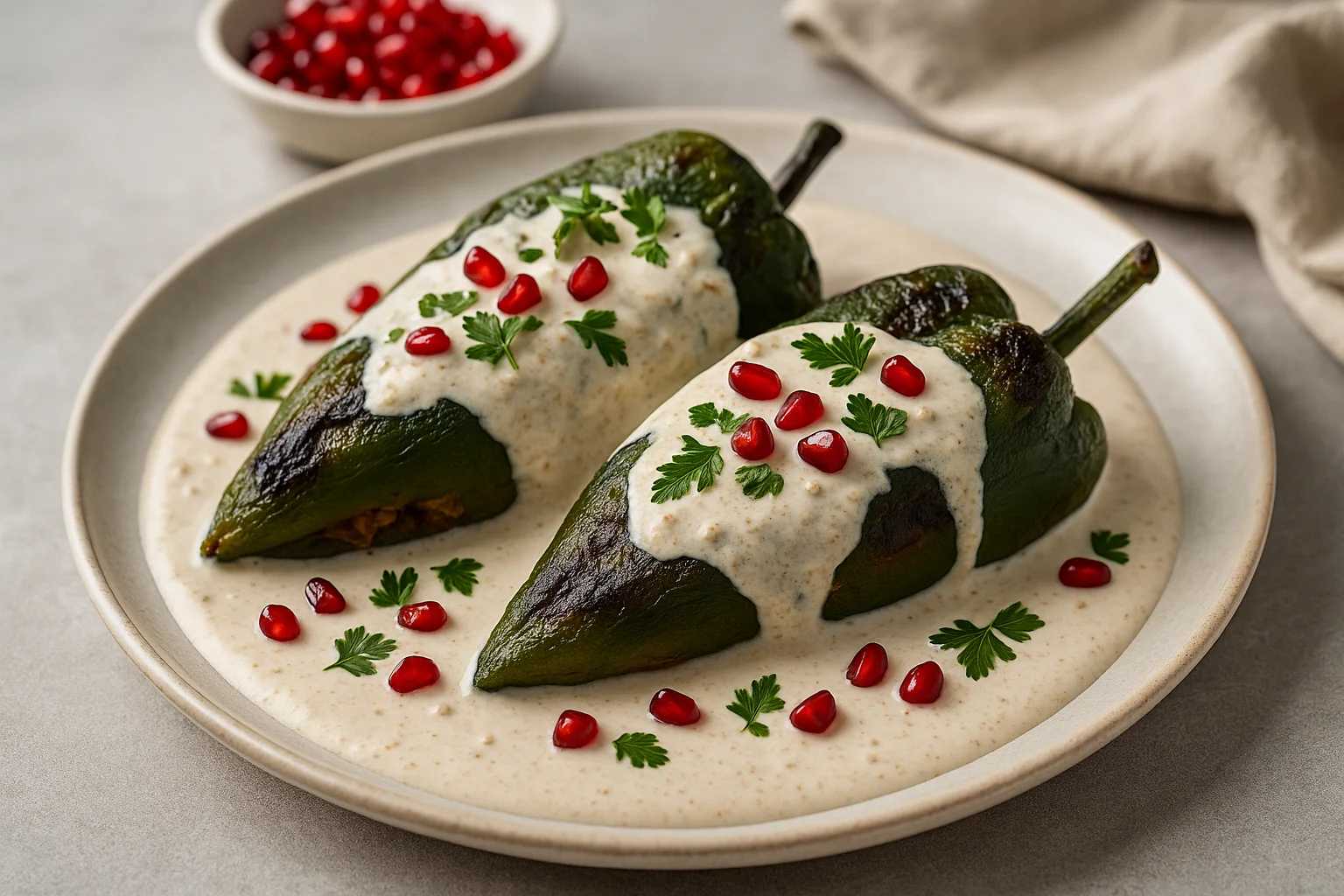 Chiles en nogada decorados con granada y perejil sobre un plato blanco