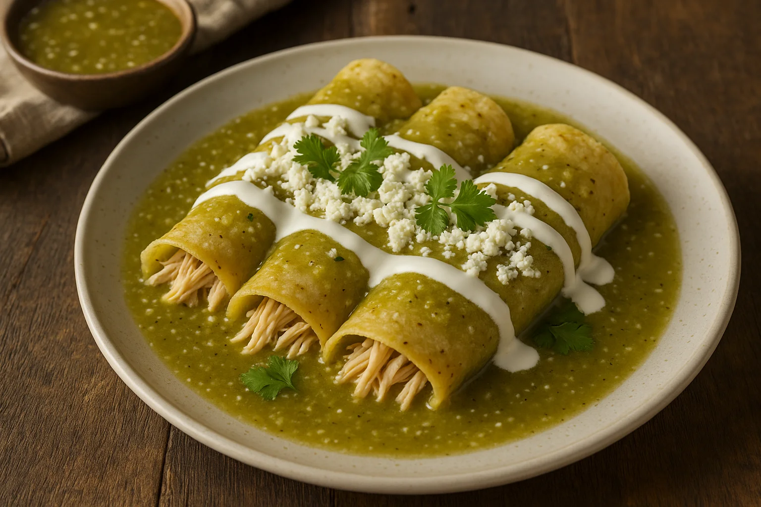 Enchiladas verdes de pollo bañadas en salsa, crema y queso fresco