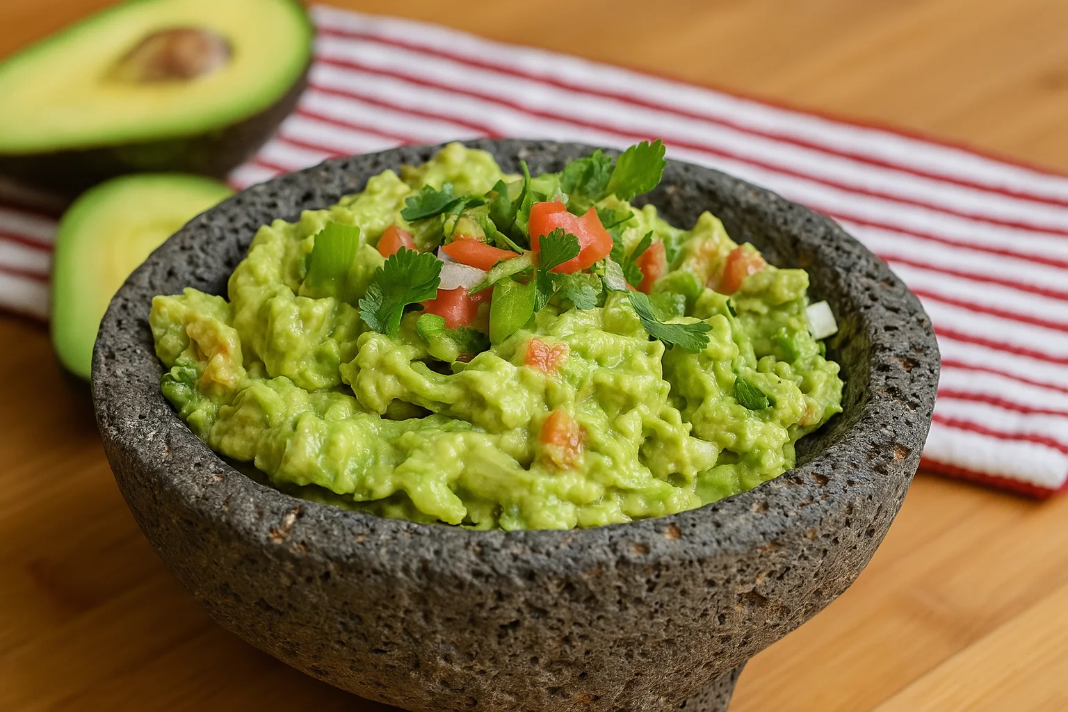 Guacamole fresco con totopos servidos en un tazón de barro
