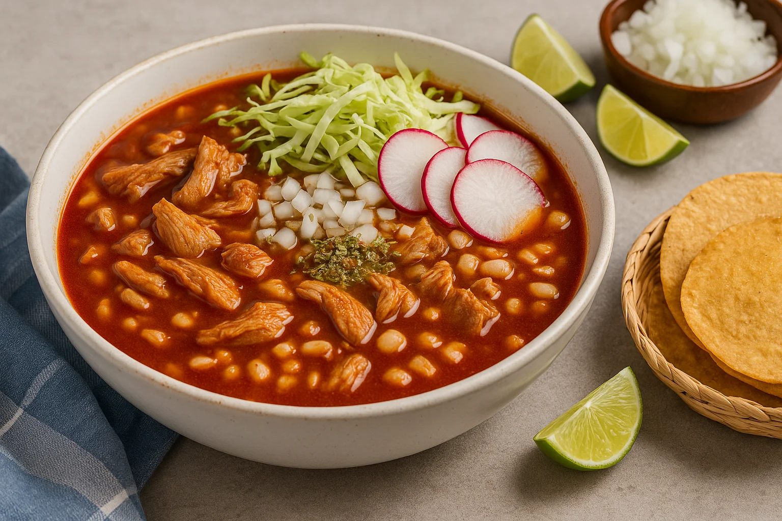 Pozole rojo tradicional servido con lechuga, rábano y tostadas