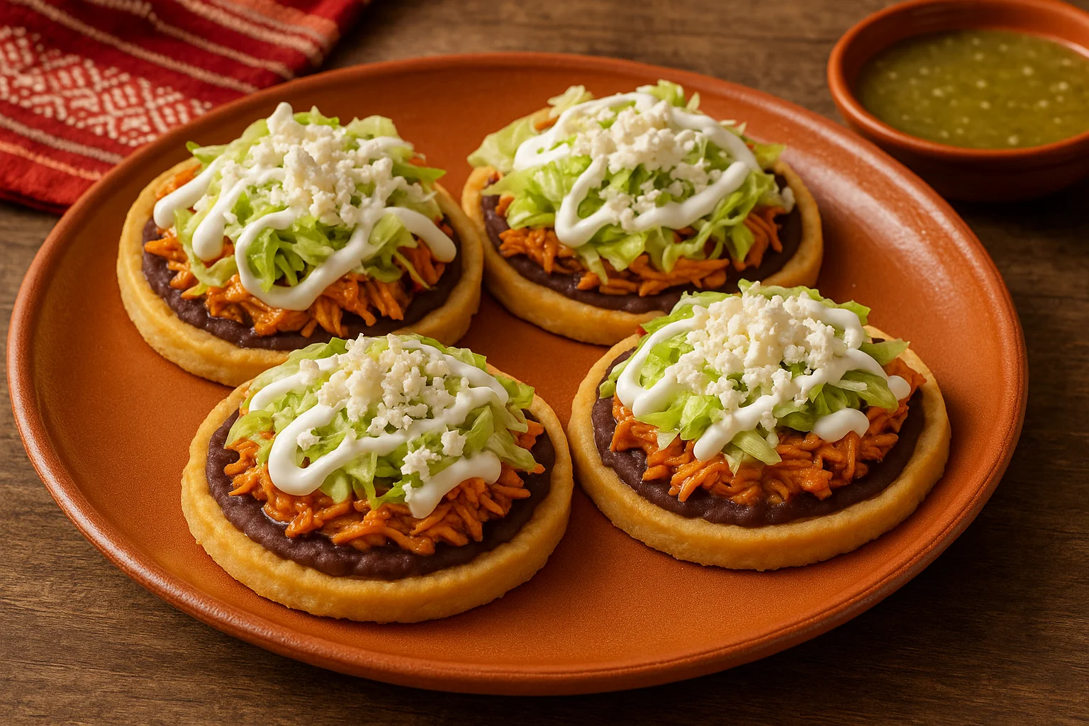 Sopes de maíz con tinga de pollo, lechuga, crema y queso